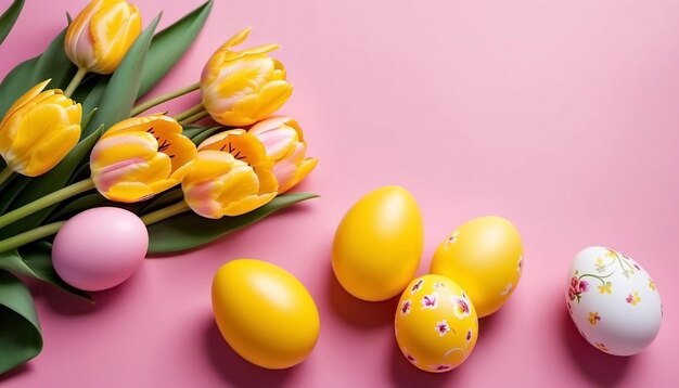 Ostereier und Tulpen auf rosa Hintergrund Glücklicher Ostern Vorlage Banner KI generiert