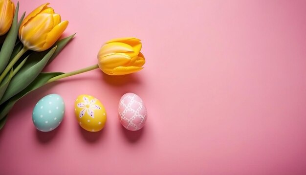 Ostereier und Tulpen auf rosa Hintergrund Glücklicher Ostern Vorlage Banner KI generiert