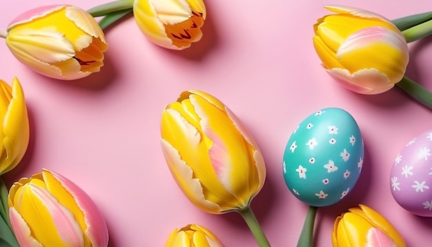 Ostereier und Tulpen auf rosa Hintergrund Glücklicher Ostern Vorlage Banner KI generiert