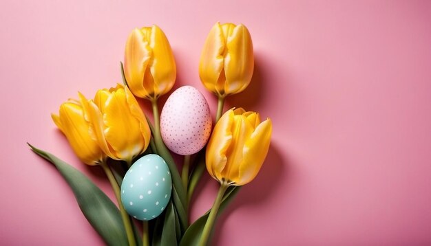 Ostereier und Tulpen auf rosa Hintergrund Glücklicher Ostern Vorlage Banner KI generiert