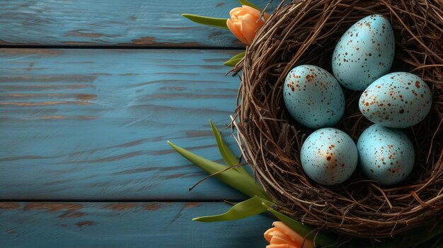 Ostereier und Tulpen im Korb auf blauem Hintergrund Eier und Blumen im Nest Frühling und Ostern