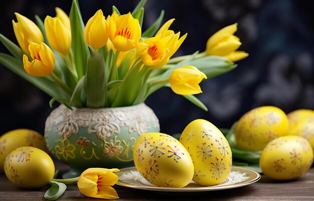 Ostereier und Tulpen Osterkonzept KI generiert