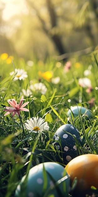 Ostereier versteckt unter Frühlingsblumen