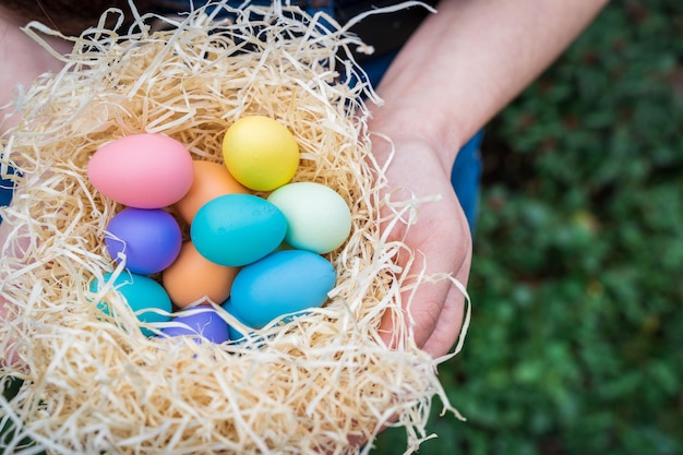Ostereiersuchmädchen, das ein Nest mit farbigen Eiern fängt
