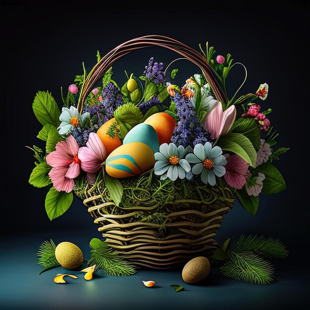 Ostereimer mit Eiern und Blumen für den Frühlings-Ostern-Frühlingsurlaub