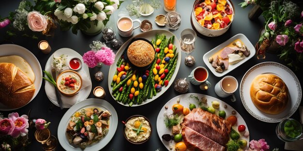 Osteressen oder Brunch mit Schinken, gefärbten Eiern, heißen Brötchen, Kuchen und Gemüse