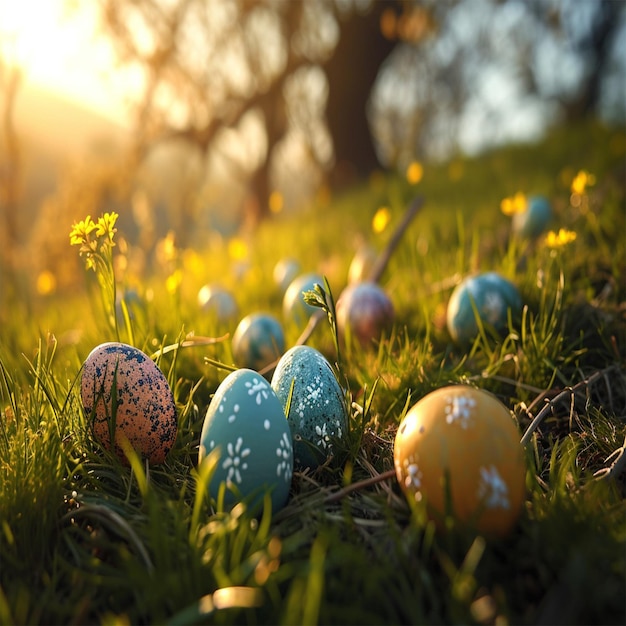 Osterfeier Farbenvolle Ostereier Osterhase Schöne Küke Frühlingsfreude Festliche Dekoration