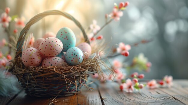 Foto osterfeier mit einem korb mit pastelleiern inmitten von kirschblüten