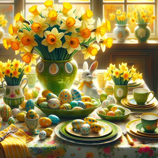 Osterfeier-Tischgestaltung mit Narzissen und geschmückten Eiern
