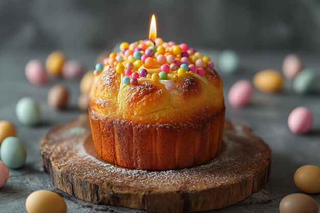 Osterfeierkonzept mit Bild von bunten Eiern und Osterkuchen