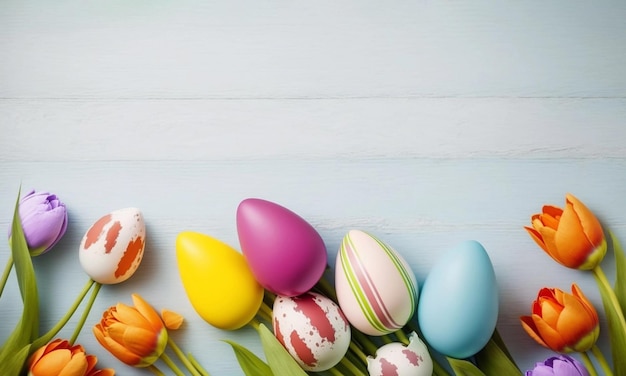 Osterfeiertagshintergrund mit Ostereiern und Tulpe