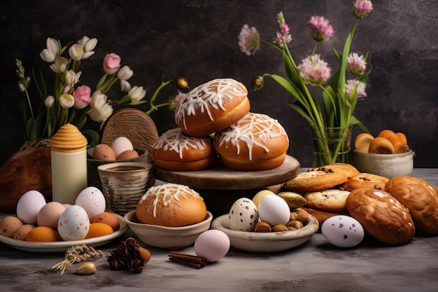 Ostergebäck und Eier auf einem Betongrund