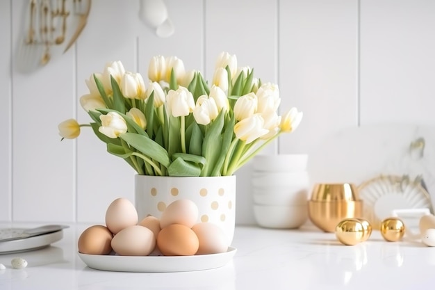 Ostergedeck mit Tulpen Osterhasen und Eier mit goldenen Mustern im weißen Küchenhintergrund im skandinavischen Stil Schönes minimalistisches Design für Grußkarten