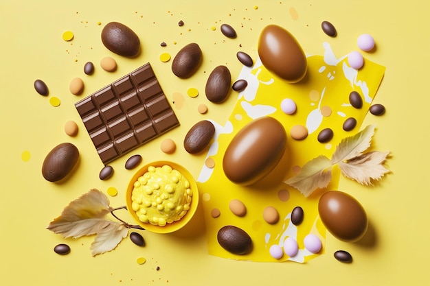 Ostergelber Hintergrund mit Schokoladeneiern und Süßigkeiten