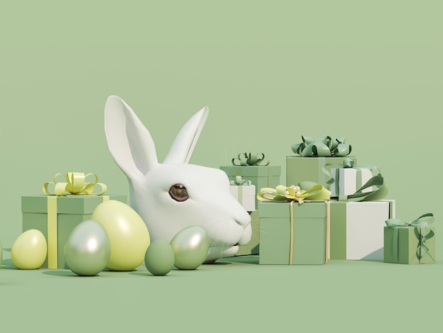 Ostergeschenk mit Kaninchen und Ostereiern Osterdagsdesign auf pastellgrünem Hintergrund Urlaub
