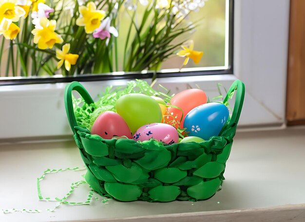 Ostergrüner Korb mit farbigen Eiern auf dem Fensterbrett gegen den Hintergrund von Blumen
