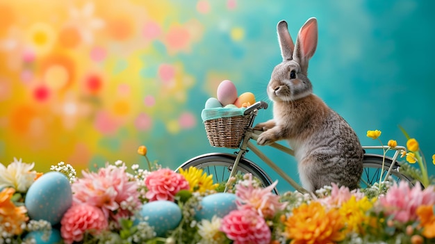 Osterhase auf einem Fahrrad mit Eiern und Blumen auf einem gelbblauen Hintergrund