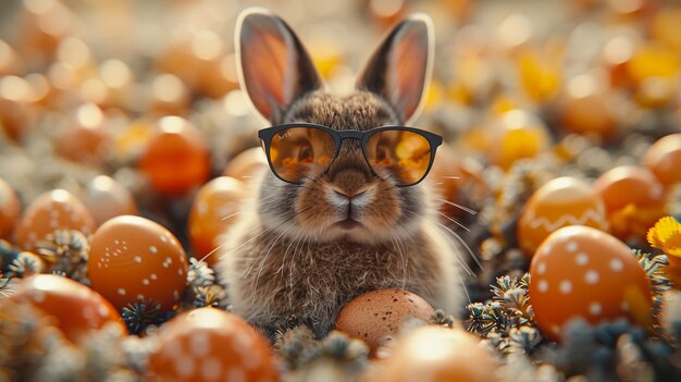 Foto osterhase dekorierte eier und ein süßes kaninchen auf einer sonnigen frühlingswiese mit verwirrten abstrakten lichtern
