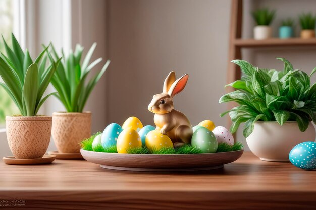 Foto osterhase-figur und bunte eier auf einer holzkonsole