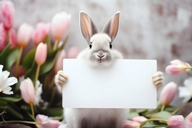 Osterhase hält ein leeres Papier über das Osterkonzept Generative KI