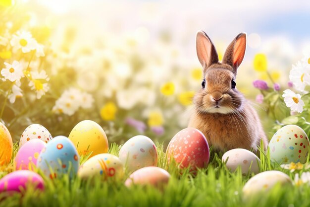 Osterhase im sonnigen Garten mit dekorierten bunten Eiern Osterhase im Garten mit grünem Gras