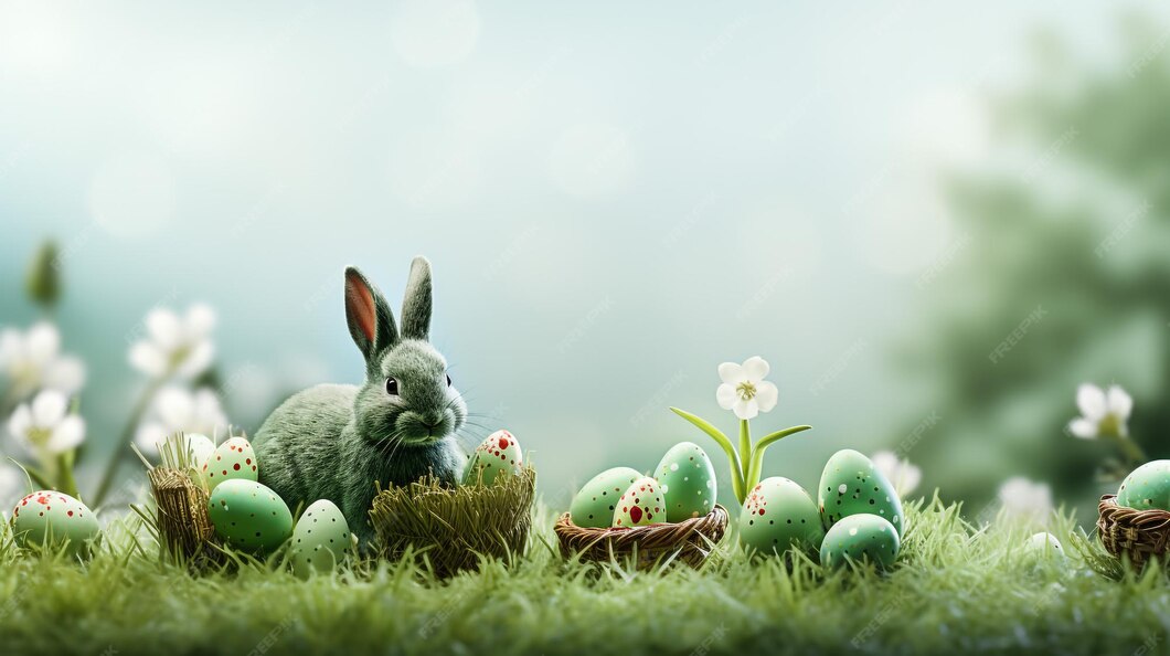 Osterhase im sonnigen garten mit geschmückten bunten eiern osternhase