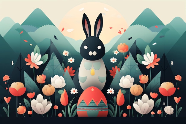 Osterhase im Wald mit Eiern und farbigen Blumen Illustrationt Generative ai