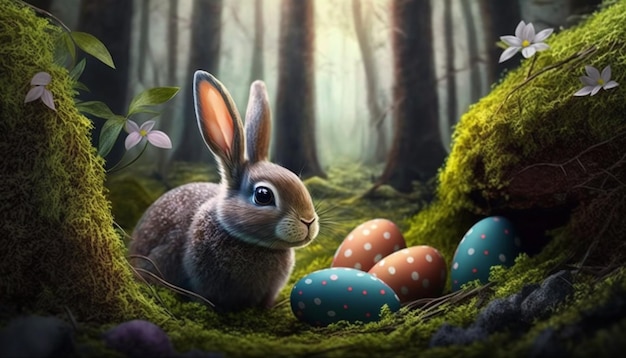 Osterhase im Wald mit Ostereiern Kleines flauschiges Kaninchen sucht nach farbigem Dekor