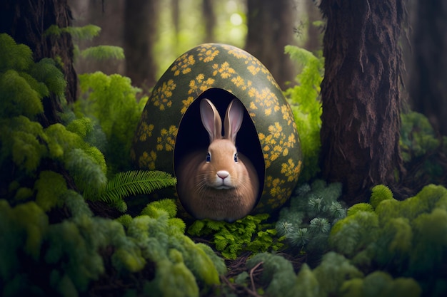 Osterhase im Waldloch unter Ostereiern Flauschiger Hase sucht im Waldgras in der Nähe des Lochs nach farbig dekorierten Eiern in Form eines Ei-Sonnenlichts