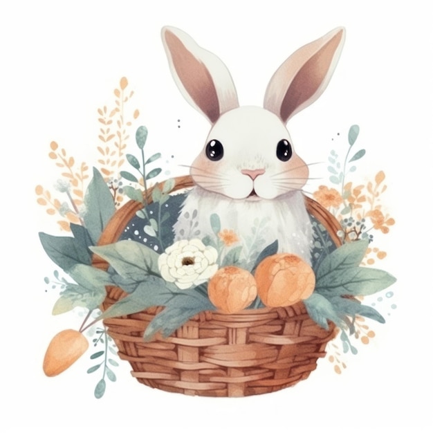 Osterhase in einem Korb mit Blumen Aquarellillustration eines Osterhasen in einem Korb