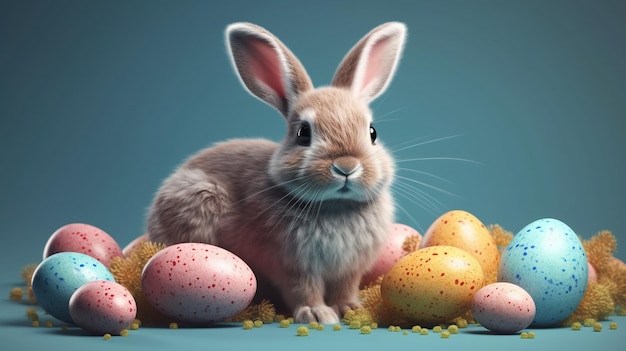 Osterhase mit bemalten Eiern auf Bokeh-Hintergrund Osterferienkonzept mit Hase Generative KI
