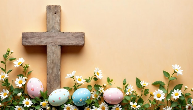Osterhase mit dekorativen Eiern, Frühlingsblumen und weißem christlichem Kreuz auf beige Hintergrund