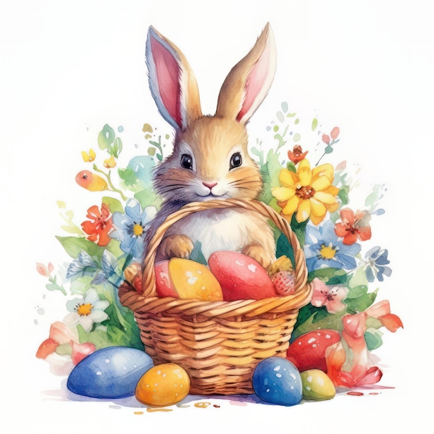 Osterhase mit Eier- und Blumenkorb Aquarellillustration