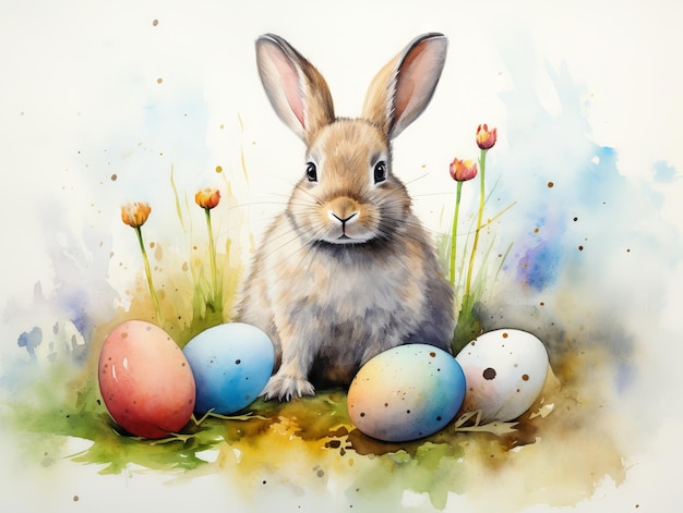Foto osterhase mit eiern auf aquarell-hintergrund aquarellmalerei generative ki