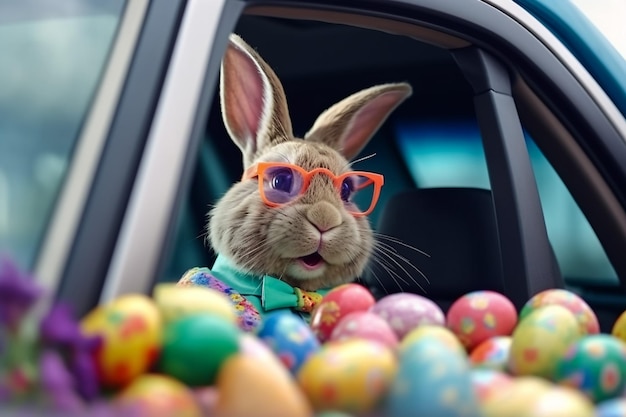 Osterhase mit Eiern auf der Wiese