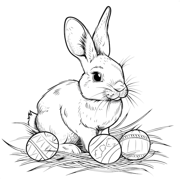 Osterhase mit Eiern für Kinder Malbuchseite Vektorillustration Zeichnung oder Skizze