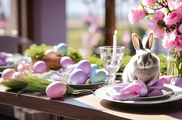 Foto osterhase mit eiern und frühlingsblumen