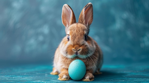 Osterhase mit einem blau bemalten Ei auf blauem Hintergrund