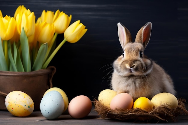 Osterhase mit gelben Tulpen und bemalten Blumen Generative KI