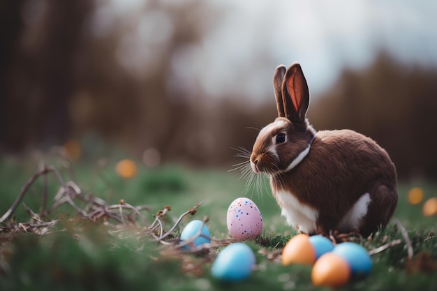 Osterhase mit Ostereiern im Gras