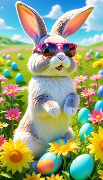Osterhase mit Sonnenbrille, Blumen und farbigen Eiern, frohes Osterkonzept