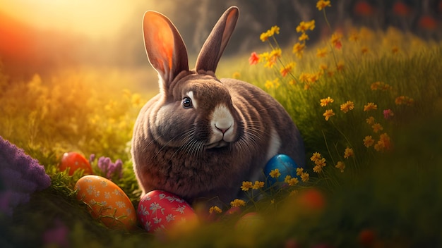 Osterhase oder Hase auf Frühlingswiese mit bunten Eiern Blumen auf sintise Feiertagsgrußkarte generative ai neuronale Netzwerk generierte Kunst
