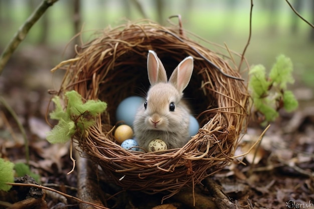 Osterhase oder Kaninchen sitzt in einem Vogelnest