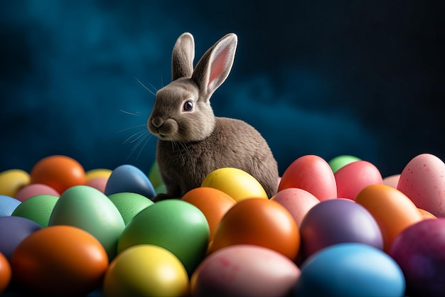 Osterhase sitzt zwischen farbigen Eiern