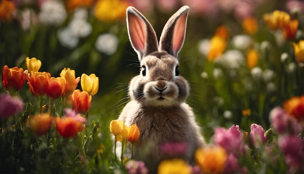 Osterhase umgeben von einem lebendigen Blumenfeld