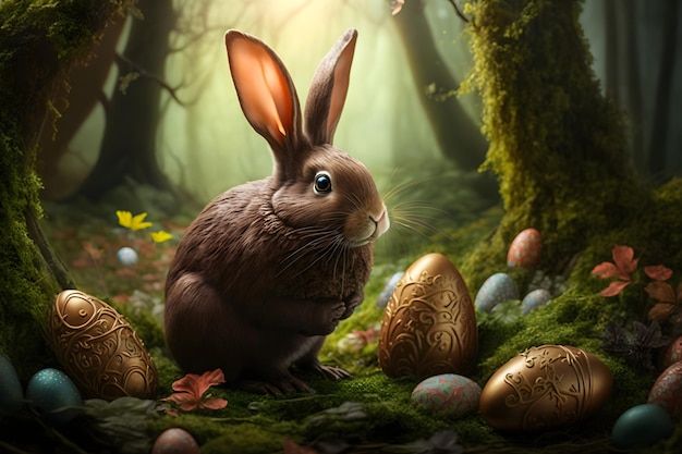 Osterhase und bunte Eier in einem magischen Feenwald Generative AI 6