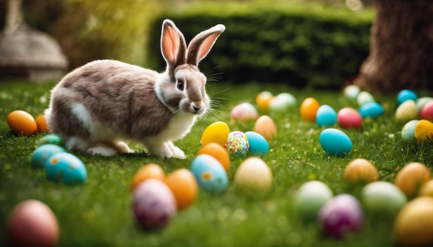 Osterhase versteckt bunte Eier in einem schön geschmückten Garten