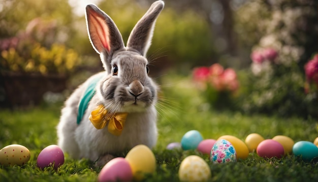 Osterhase versteckt bunte Eier in einem schön geschmückten Garten