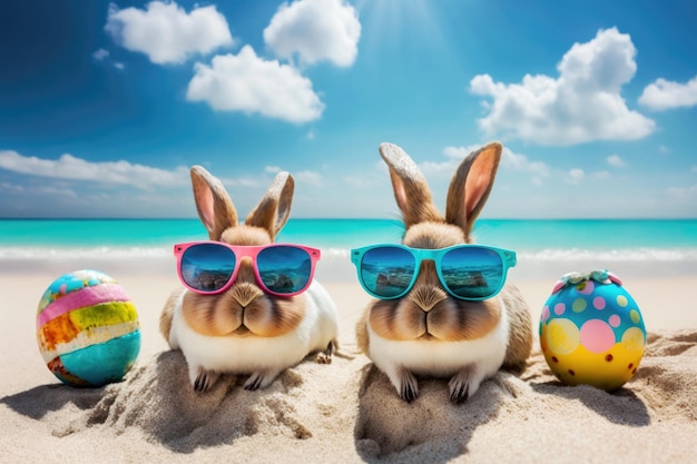 Osterhasen feiern mit bunten Ostereiern an einem Sandstrand Reisebüro-Banner Osterferien Hintergrund Generative KI