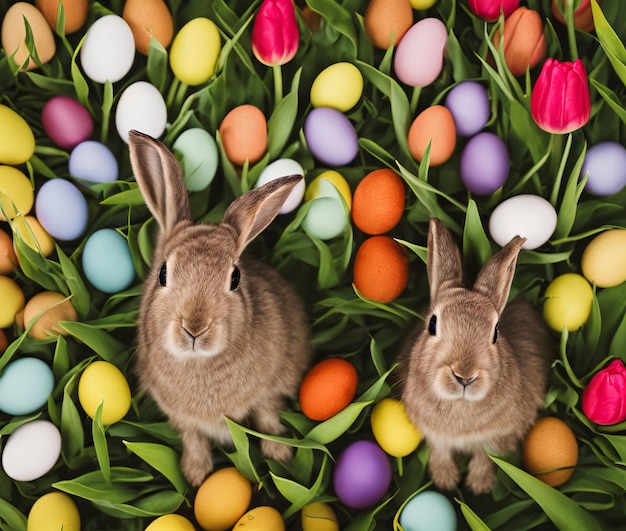 Osterhasen mit Korb und Blumen auf Gras in der Nähe